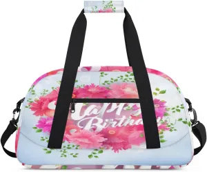 Happy Birthday Gym Duffel Bag for Men Women Colourful Flower Sports Tote Bag with Adjustable Shoulder Strap for Dance Gymnastics Traveling Outdoor Camping Overnight Stay