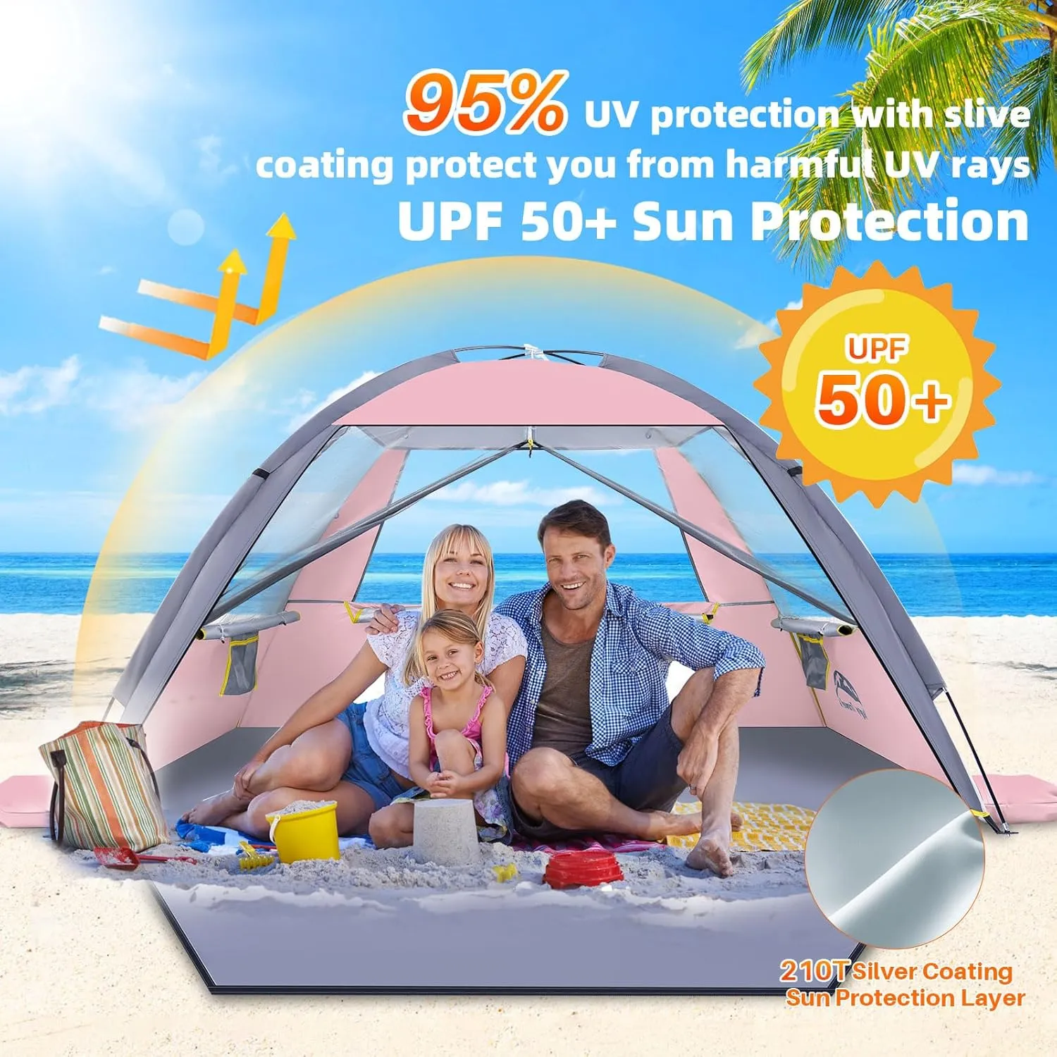 Happy Travel Beach Tent Sun Shelter for 3/4/5/6/7/8 Person, Portable UPF 50  UV Protection Beach Shade Canopy for Family & Baby, Lightweight & Easy Setup Beach Cabana with 3 Ventilation Mesh Windows
