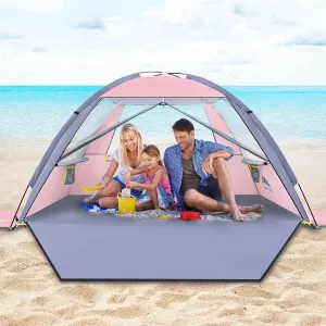 Happy Travel Beach Tent Sun Shelter for 3/4/5/6/7/8 Person, Portable UPF 50  UV Protection Beach Shade Canopy for Family & Baby, Lightweight & Easy Setup Beach Cabana with 3 Ventilation Mesh Windows