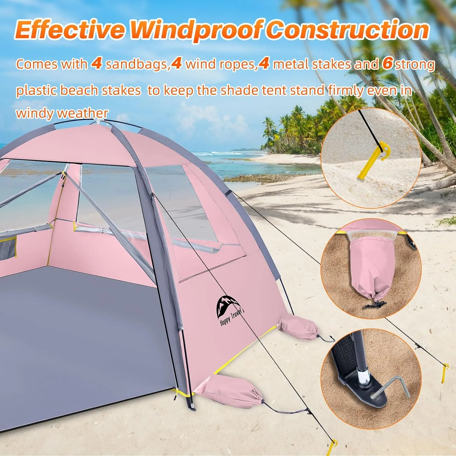 Happy Travel Beach Tent Sun Shelter for 3/4/5/6/7/8 Person, Portable UPF 50  UV Protection Beach Shade Canopy for Family & Baby, Lightweight & Easy Setup Beach Cabana with 3 Ventilation Mesh Windows