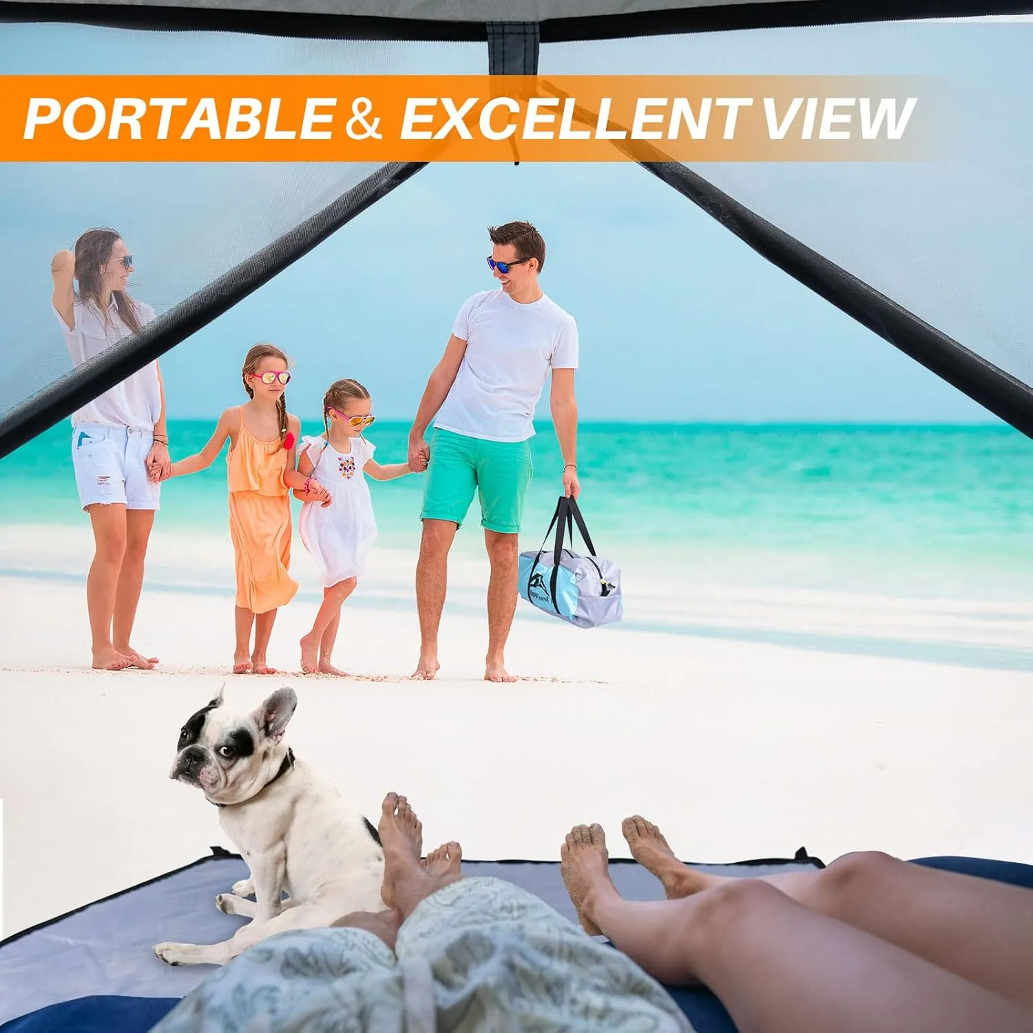 Happy Travel Beach Tent Sun Shelter for 3/4/5/6/7/8 Person, Portable UPF 50  UV Protection Beach Shade Canopy for Family & Baby, Lightweight & Easy Setup Beach Cabana with 3 Ventilation Mesh Windows