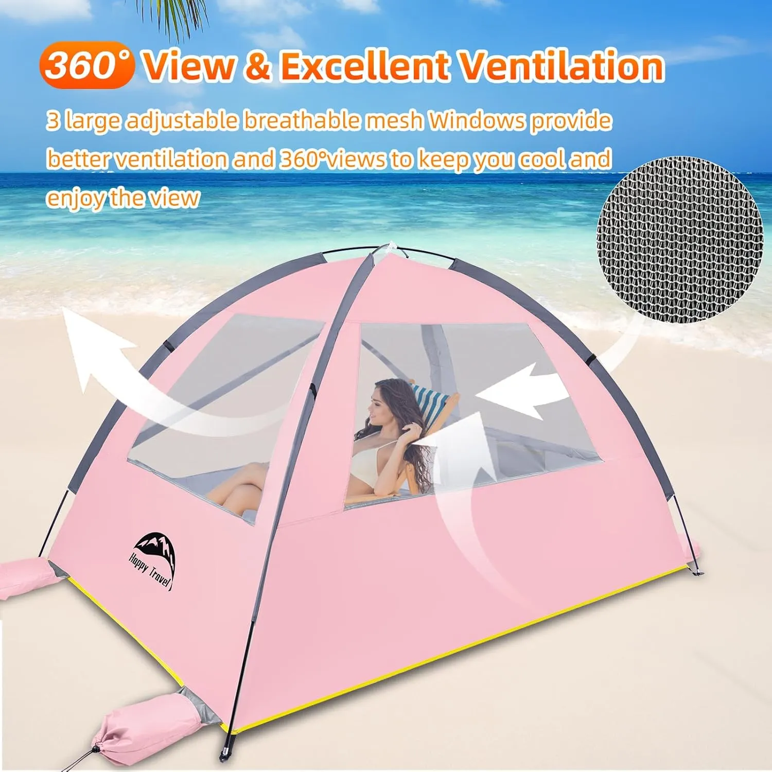 Happy Travel Beach Tent Sun Shelter for 3/4/5/6/7/8 Person, Portable UPF 50  UV Protection Beach Shade Canopy for Family & Baby, Lightweight & Easy Setup Beach Cabana with 3 Ventilation Mesh Windows
