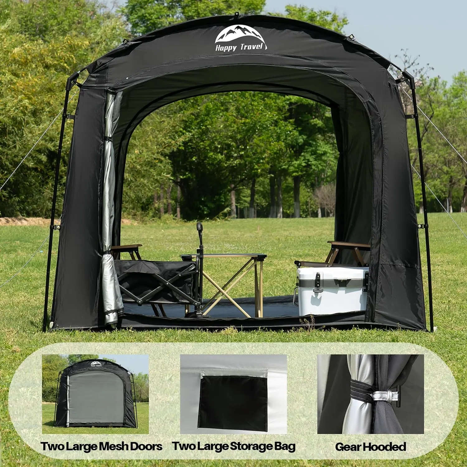 Happy Travel Bike Storage Tent, Outdoor 8×7×6.3ft Large 2-in-1 Portable Shed More 30% Top Space W/Double Doors with Mesh, Outside Lawn Mower Shelter and Bicycle Cover for Patio Furniture, Garden Tools