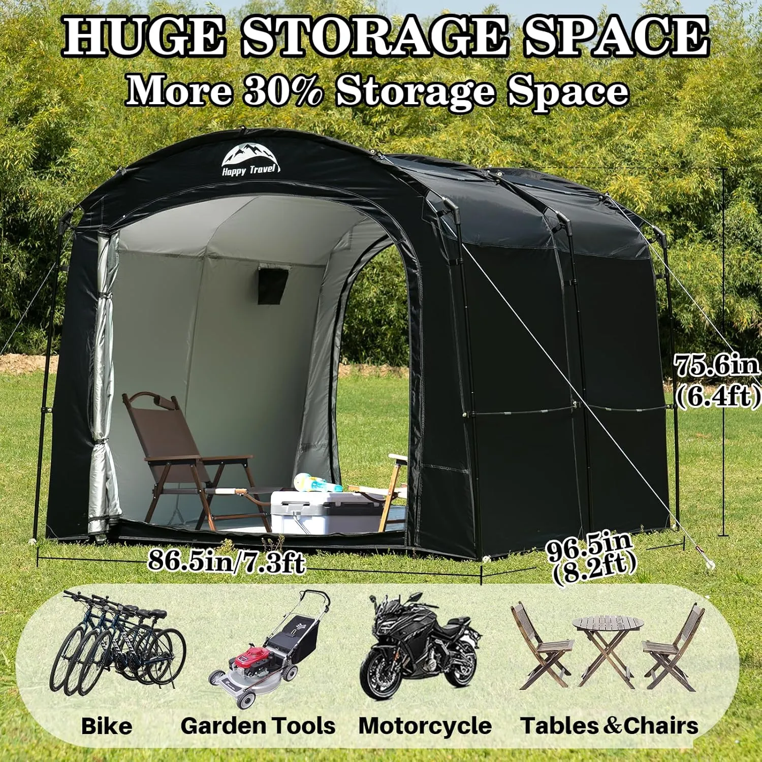 Happy Travel Bike Storage Tent, Outdoor 8×7×6.3ft Large 2-in-1 Portable Shed More 30% Top Space W/Double Doors with Mesh, Outside Lawn Mower Shelter and Bicycle Cover for Patio Furniture, Garden Tools