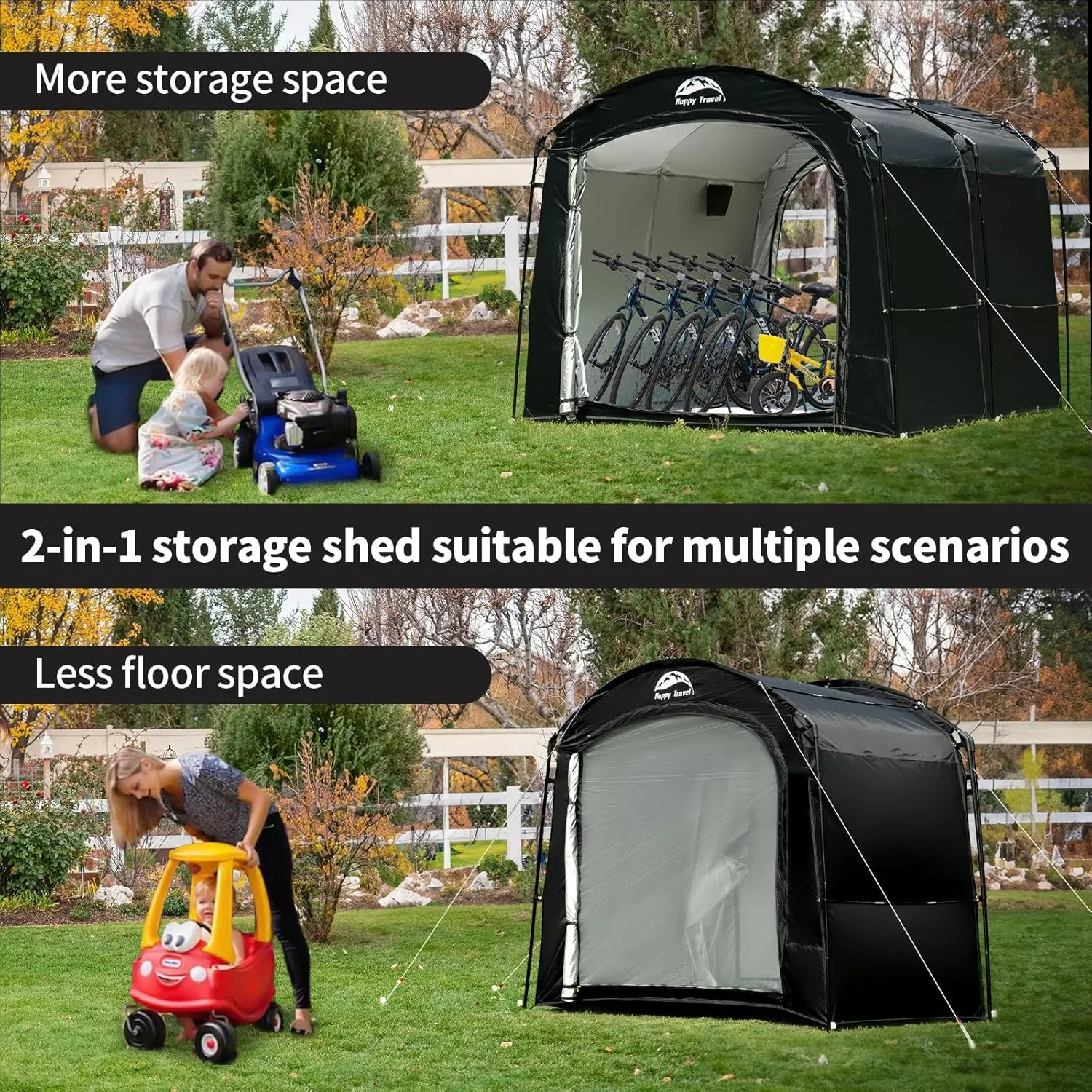 Happy Travel Bike Storage Tent, Outdoor 8×7×6.3ft Large 2-in-1 Portable Shed More 30% Top Space W/Double Doors with Mesh, Outside Lawn Mower Shelter and Bicycle Cover for Patio Furniture, Garden Tools