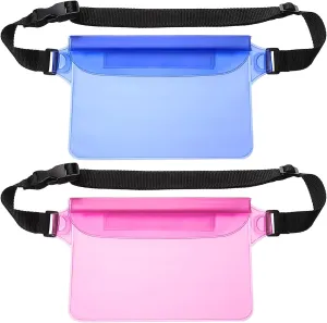 HARFINGTON 2pcs Waterproof Pouch Waterproof Fanny Pack Floating Waterproof Bag with Adjustable Waist Strap for Travel Beach Swimming Kayaking Boating Pool Accessories, Clear Blue Clear Pink