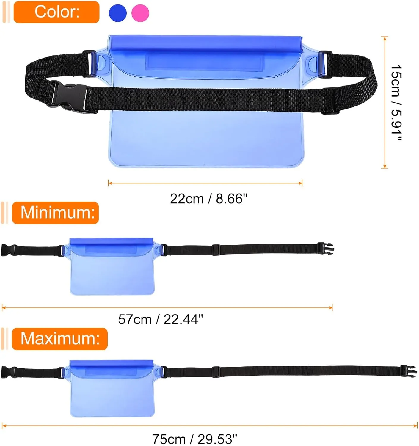 HARFINGTON 2pcs Waterproof Pouch Waterproof Fanny Pack Floating Waterproof Bag with Adjustable Waist Strap for Travel Beach Swimming Kayaking Boating Pool Accessories, Clear Blue Clear Pink