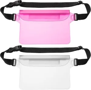 HARFINGTON 2pcs Waterproof Pouch Waterproof Fanny Pack Floating Waterproof Bag with Adjustable Waist Strap for Travel Beach Swimming Kayaking Boating Pool Accessories, Clear White Clear Pink