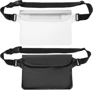 HARFINGTON 2pcs Waterproof Pouch Waterproof Fanny Pack Floating Waterproof Bag with Adjustable Waist Strap for Travel Beach Swimming Kayaking Boating Pool Accessories, Clear White Solid Black