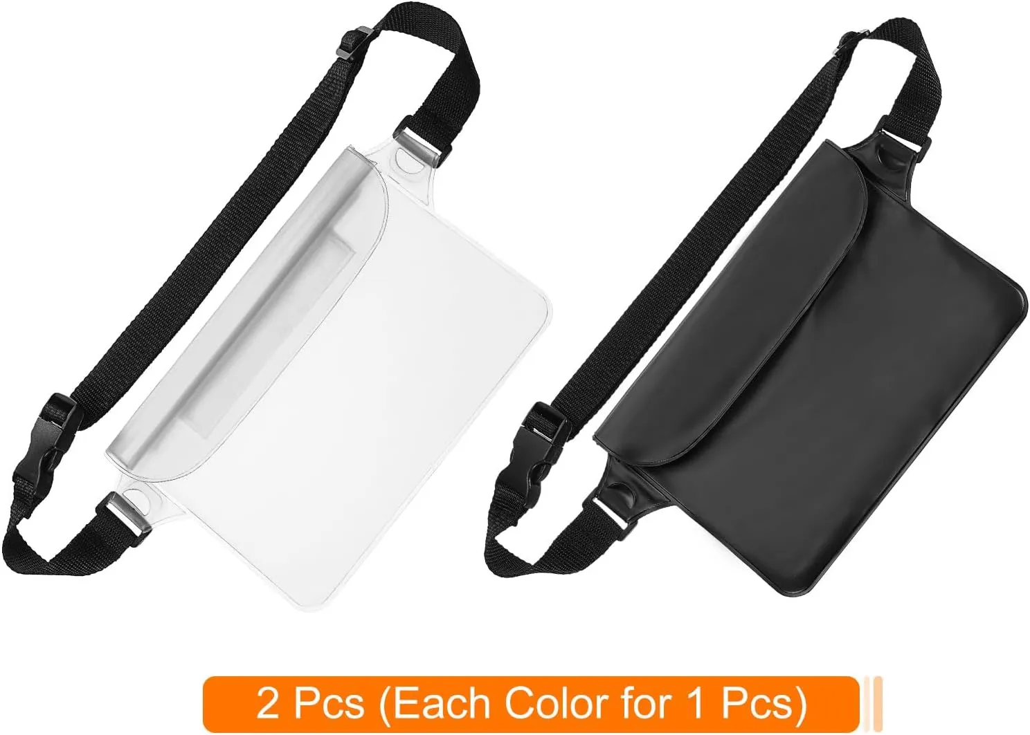 HARFINGTON 2pcs Waterproof Pouch Waterproof Fanny Pack Floating Waterproof Bag with Adjustable Waist Strap for Travel Beach Swimming Kayaking Boating Pool Accessories, Clear White Solid Black
