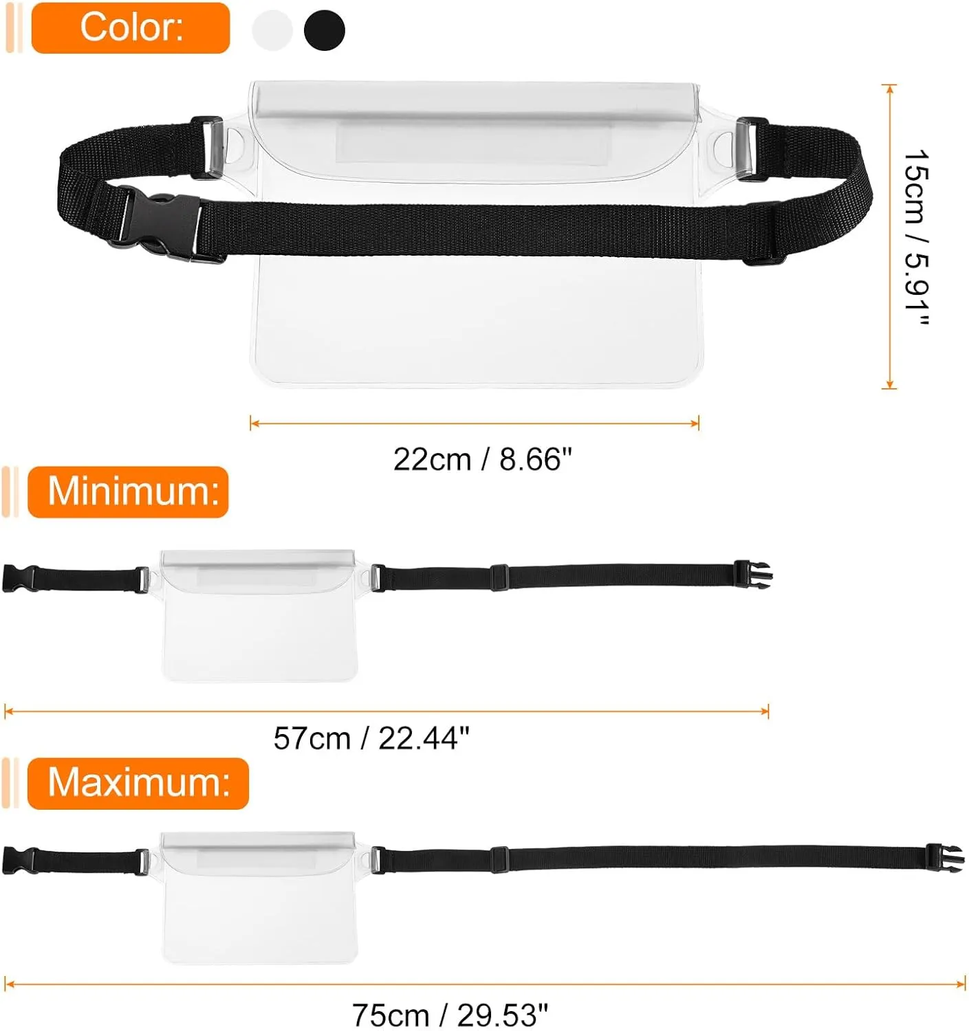 HARFINGTON 2pcs Waterproof Pouch Waterproof Fanny Pack Floating Waterproof Bag with Adjustable Waist Strap for Travel Beach Swimming Kayaking Boating Pool Accessories, Clear White Solid Black