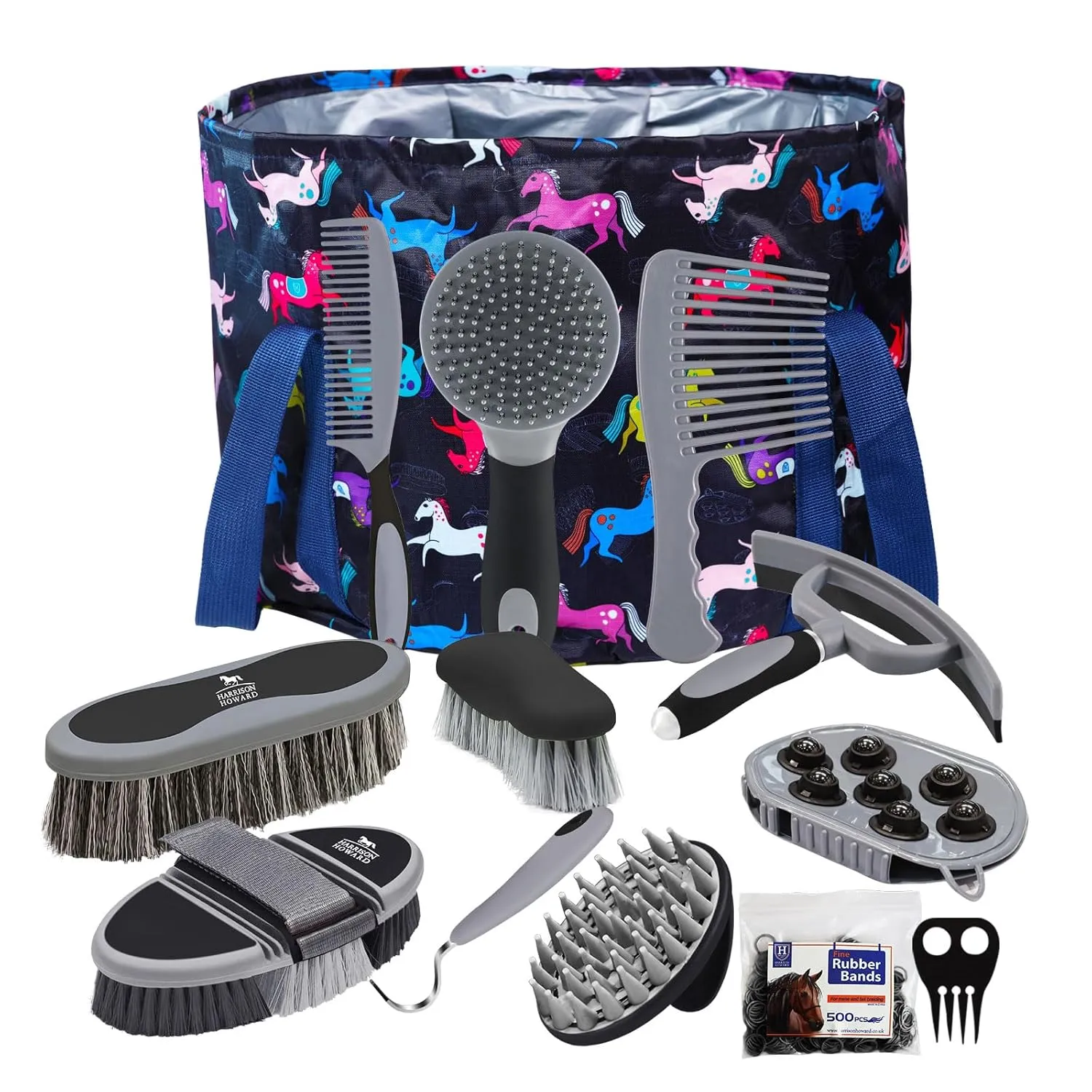 Harrison Howard Horse Grooming Kit 11-Piece Equine Care Series Horse Brush Sets with Organizer Tote Bag Tack Room Supplies Shedding Grooming Massaging Tools Black Brushstroke Ponies