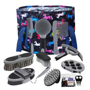 Harrison Howard Horse Grooming Kit 11-Piece Equine Care Series Horse Brush Sets with Organizer Tote Bag Tack Room Supplies Shedding Grooming Massaging Tools Black Brushstroke Ponies
