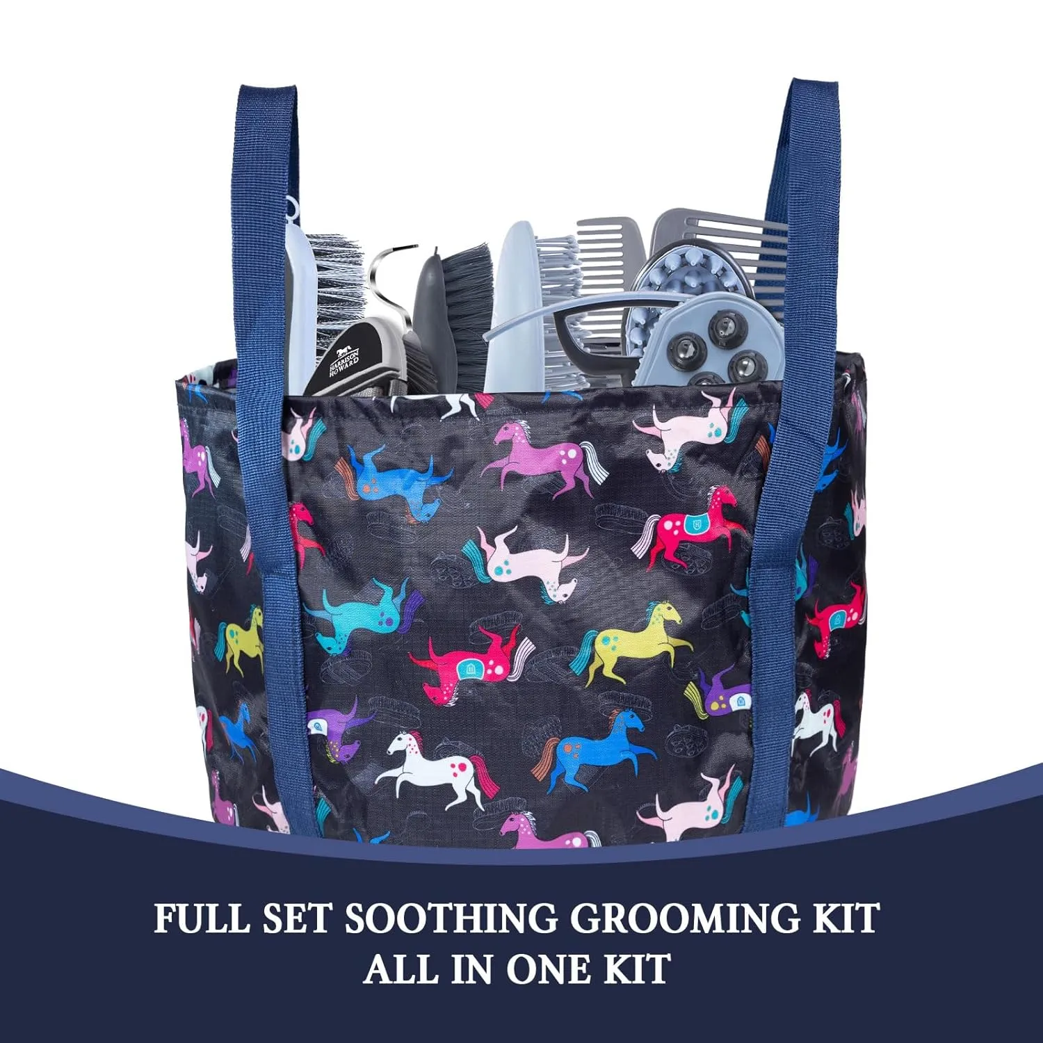 Harrison Howard Horse Grooming Kit 11-Piece Equine Care Series Horse Brush Sets with Organizer Tote Bag Tack Room Supplies Shedding Grooming Massaging Tools Black Brushstroke Ponies