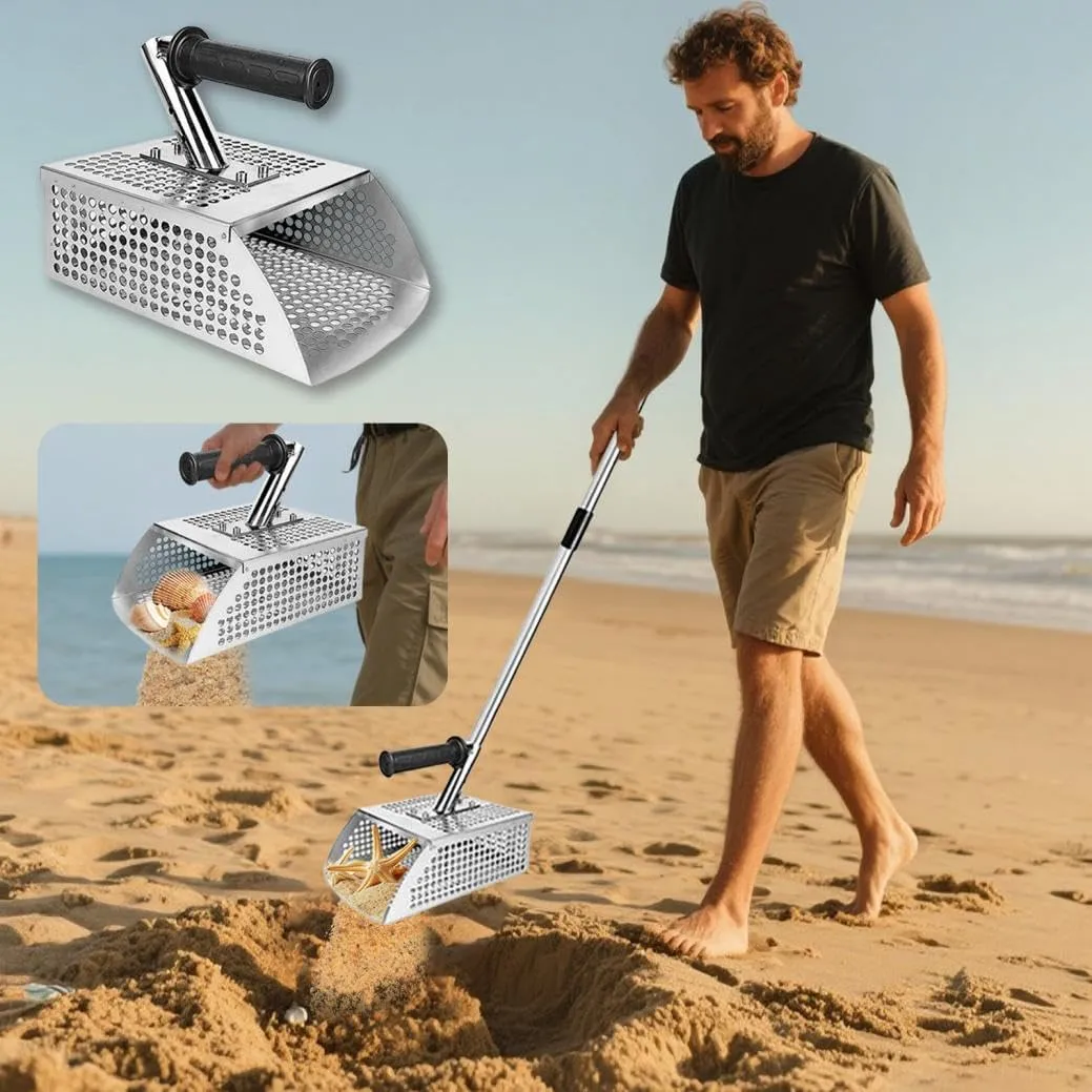 Heavy Duty Stainless Steel Sand Scoop, Professional Metal Detecting Shovel with Anti-Slip Handle, Beach & Underwater Treasure Hunting Tool, Long Handle Sand Sifter for Gold Prospecting (Silver)
