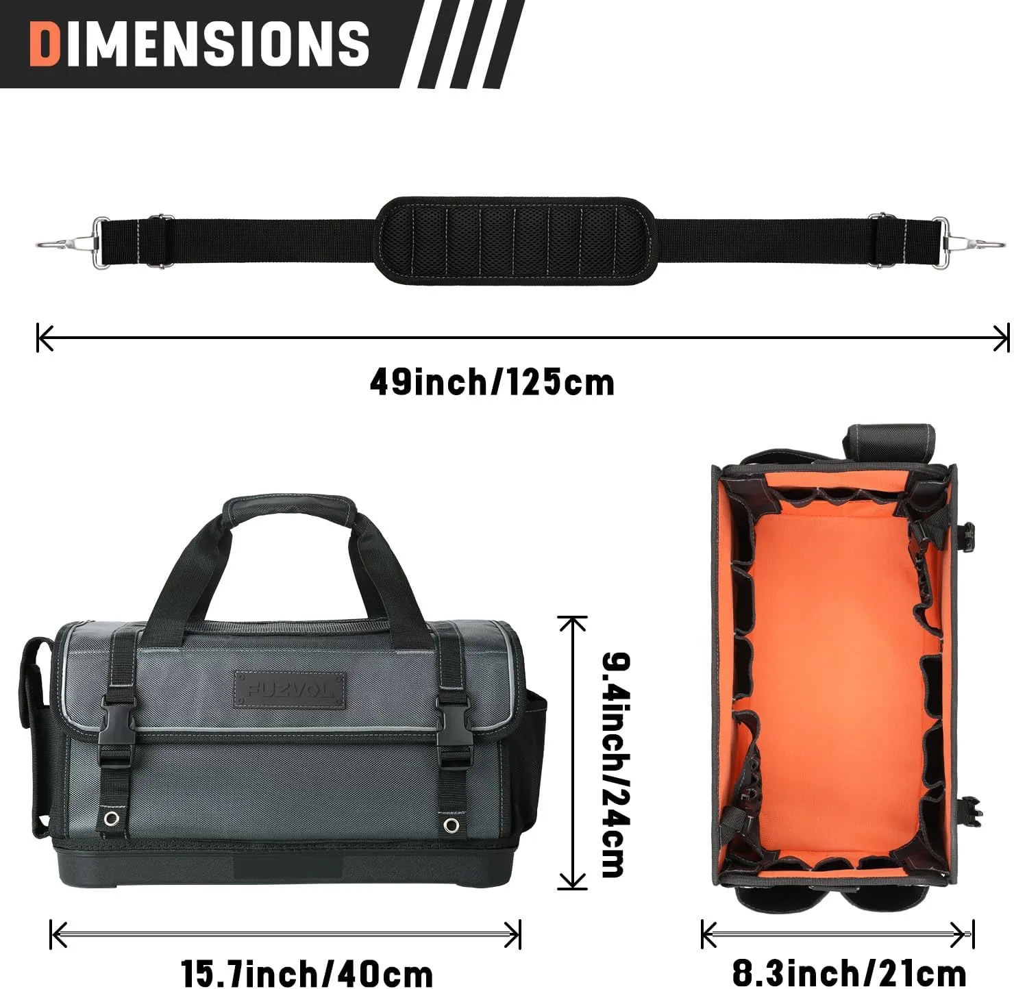 Heavy Duty Tool Bag with Wide Mouth, Full-Open Tool Bag, Tool Box Organizer Storage, Tool Tote with Adjustable Shoulder Strap, Portable, Waterproof, Multi-Pockets, Molded Base, Blue-grey
