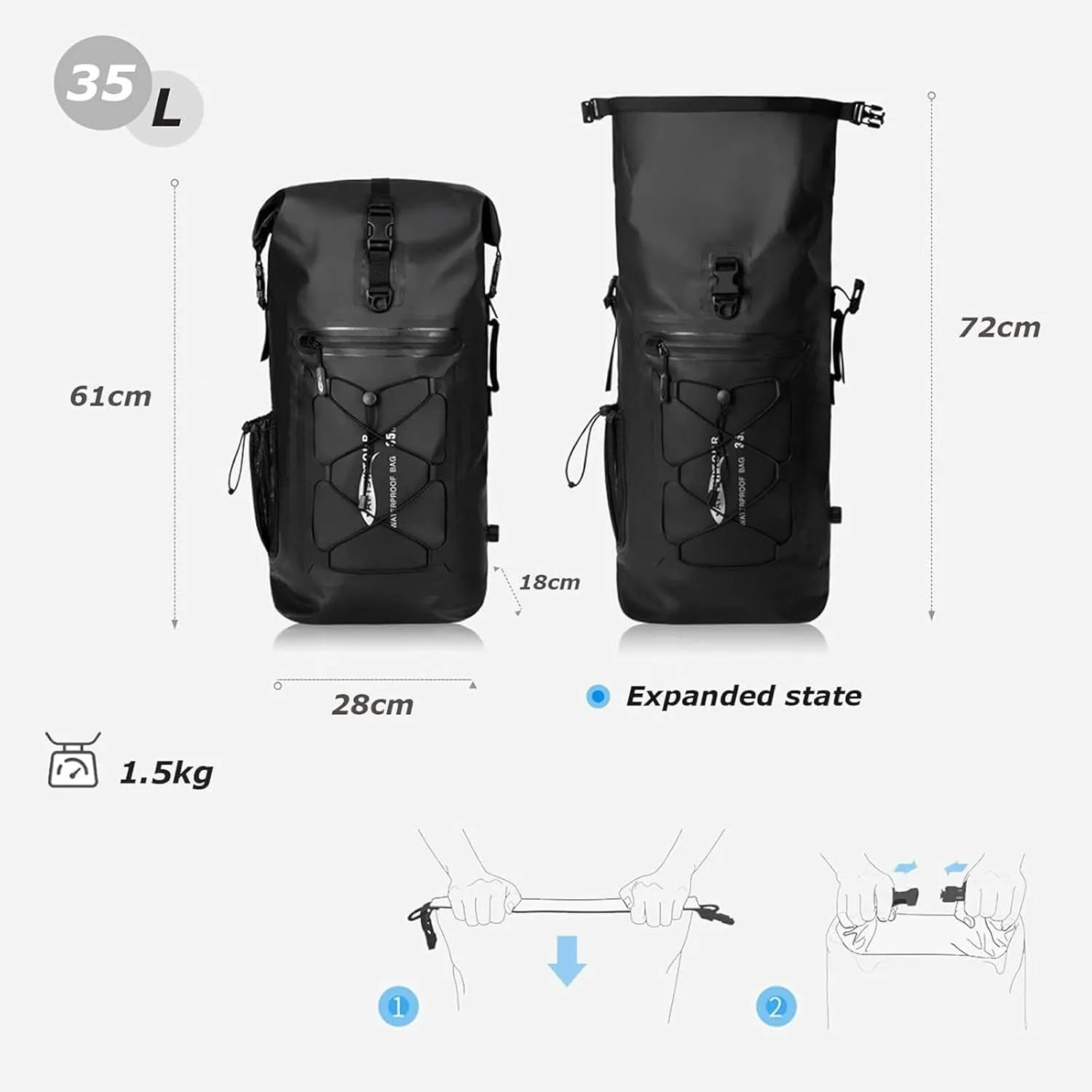 Heavy Duty Waterproof Dry Bag Backpack, 35L Roll-Top Floating Dry Bag Backpack for Kayaking, Rafting, Boating(Brown)