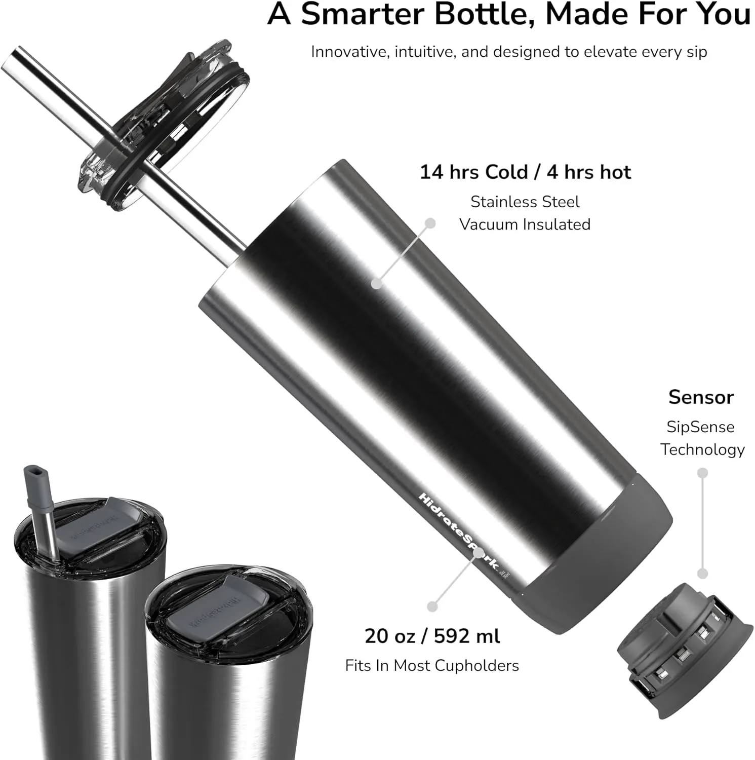 Hidrate Spark PRO Smart Tumbler with Lid & Straw – Insulated Stainless Steel – Tracks Water Intake with Bluetooth, LED Glow Reminder When You Need to Drink – 20oz, Brushed