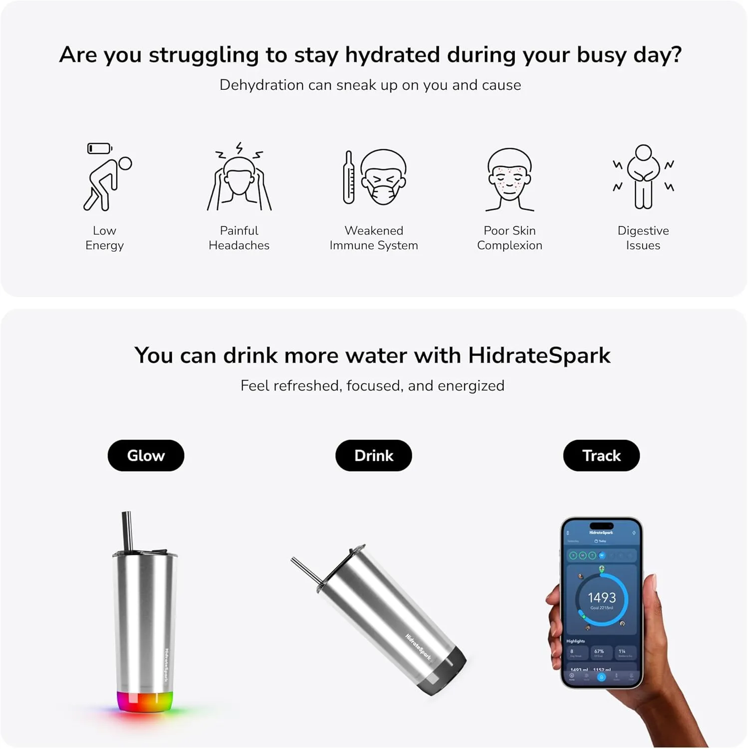 Hidrate Spark PRO Smart Tumbler with Lid & Straw – Insulated Stainless Steel – Tracks Water Intake with Bluetooth, LED Glow Reminder When You Need to Drink – 20oz, Brushed