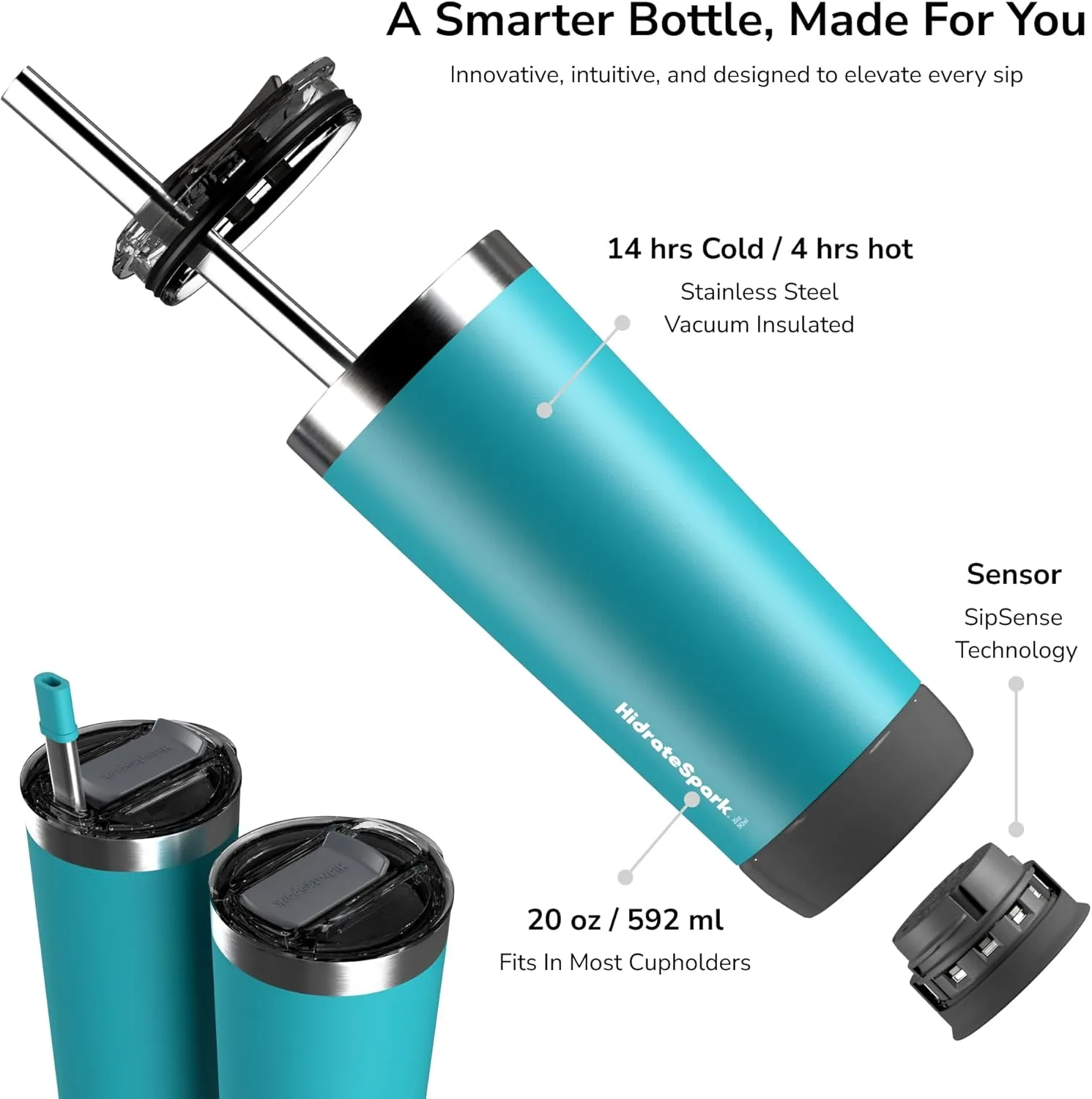 Hidrate Spark PRO Smart Tumbler with Lid & Straw – Insulated Stainless Steel – Tracks Water Intake with Bluetooth, LED Glow Reminder When You Need to Drink – 20oz, Sea Glass