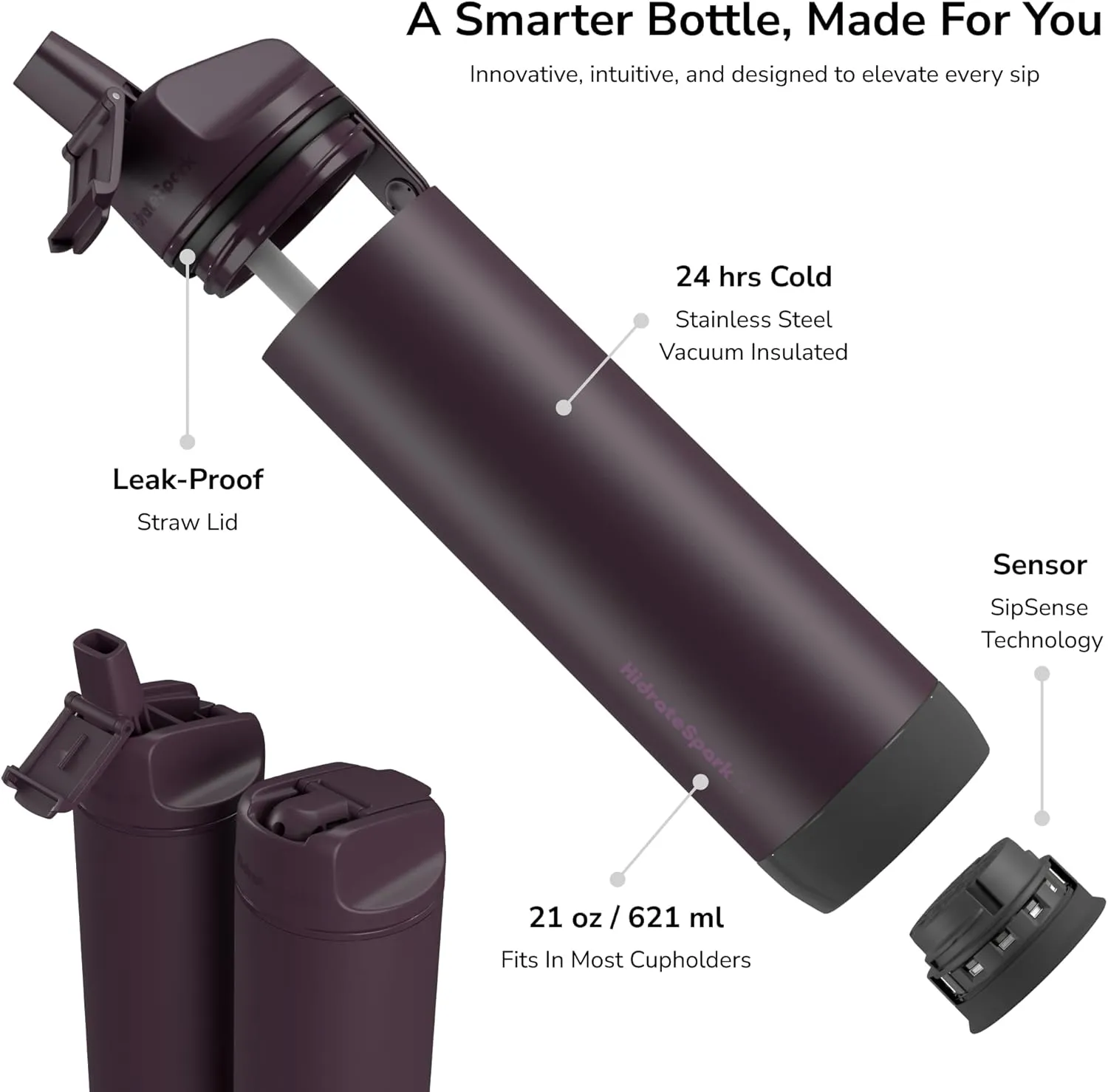 Hidrate Spark PRO Smart Water Bottle – Insulated Stainless Steel – Tracks Water Intake with Bluetooth, LED Glow Reminder When You Need to Drink – Straw Lid, 21 oz