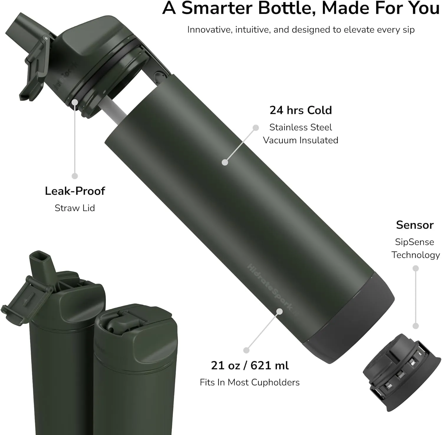 Hidrate Spark PRO Smart Water Bottle – Insulated Stainless Steel – Tracks Water Intake with Bluetooth, LED Glow Reminder When You Need to Drink – Straw Lid, 21 oz