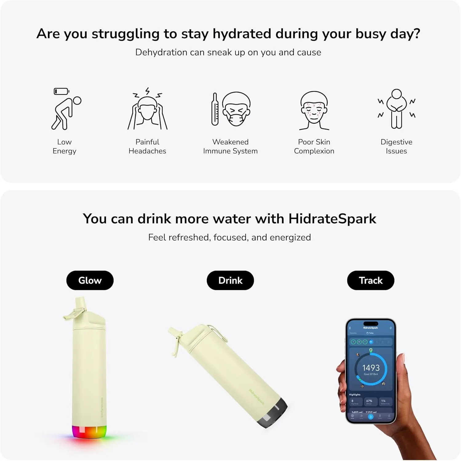 Hidrate Spark PRO Smart Water Bottle – Insulated Stainless Steel – Tracks Water Intake with Bluetooth, LED Glow Reminder When You Need to Drink – Straw Lid, 21 oz