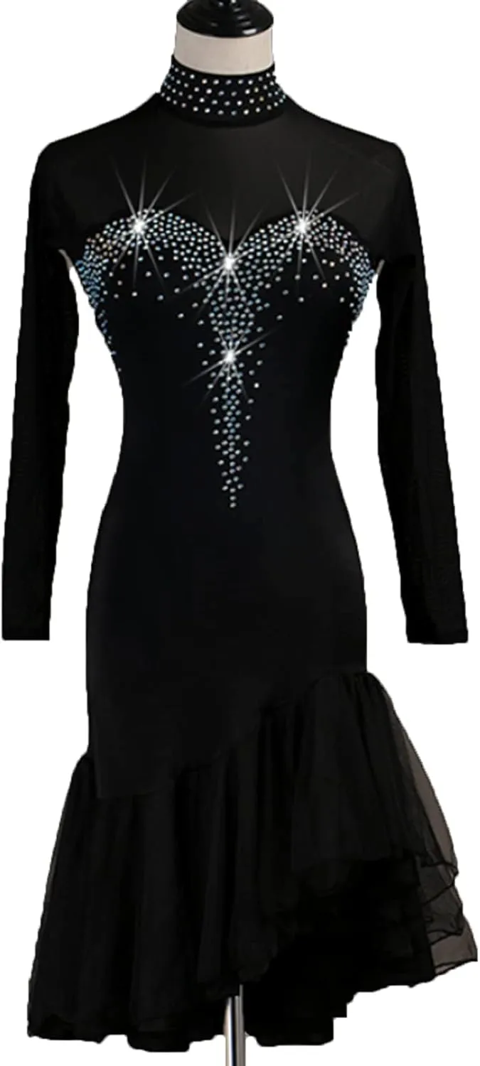 High Collar Latin Dancing Dress Women's Hollow Salsa Cha Cha Dance Outfit Tango Dancewear Double Layer Skirt Hem