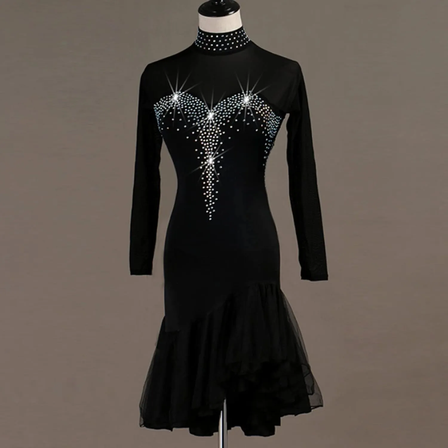 High Collar Latin Dancing Dress Women's Hollow Salsa Cha Cha Dance Outfit Tango Dancewear Double Layer Skirt Hem