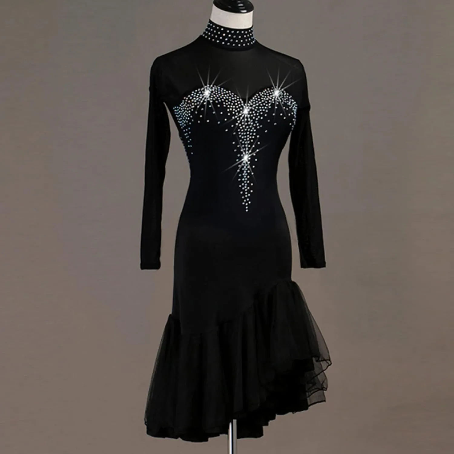High Collar Latin Dancing Dress Women's Hollow Salsa Cha Cha Dance Outfit Tango Dancewear Double Layer Skirt Hem