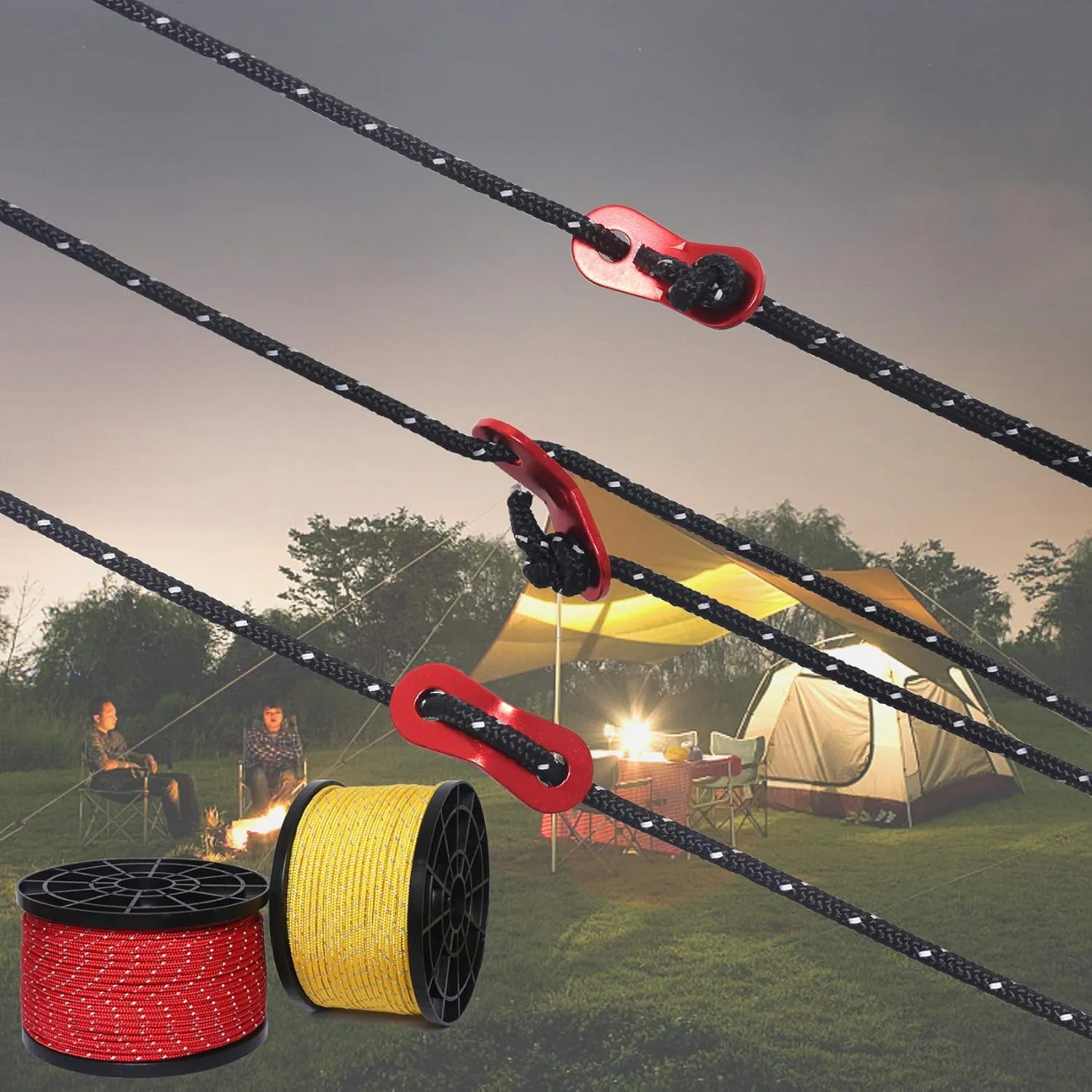 HIKEMAN 50m Reflective Guyline Solid Braid Nylon Camping Rope with Aluminum Adjuster Cord Tensioner Tent Accessory for Outdoor Travel,Hiking,Backpacking and Water Activities (Black, 5mm)