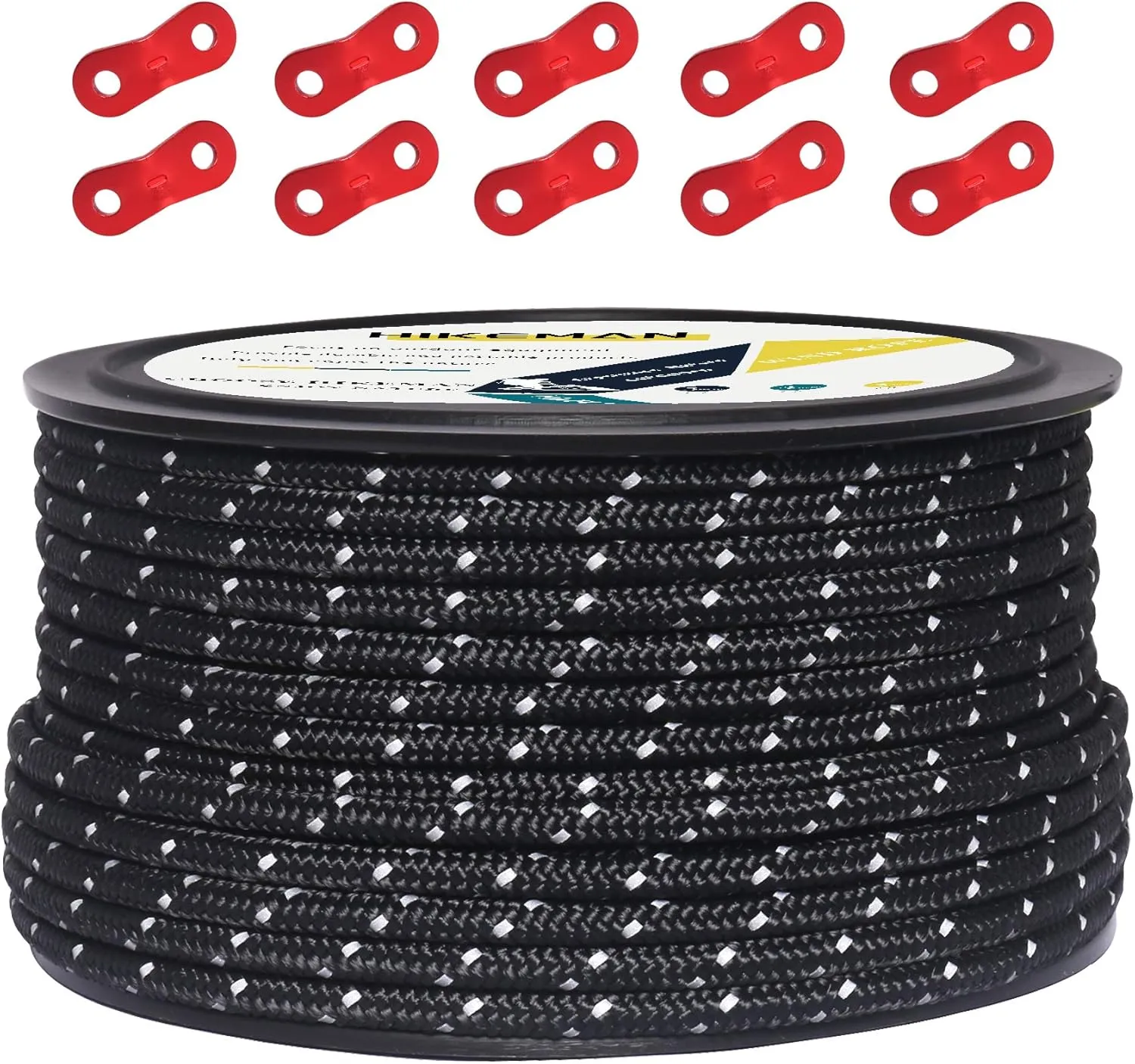 HIKEMAN 50m Reflective Guyline Solid Braid Nylon Camping Rope with Aluminum Adjuster Cord Tensioner Tent Accessory for Outdoor Travel,Hiking,Backpacking and Water Activities (Black, 5mm)