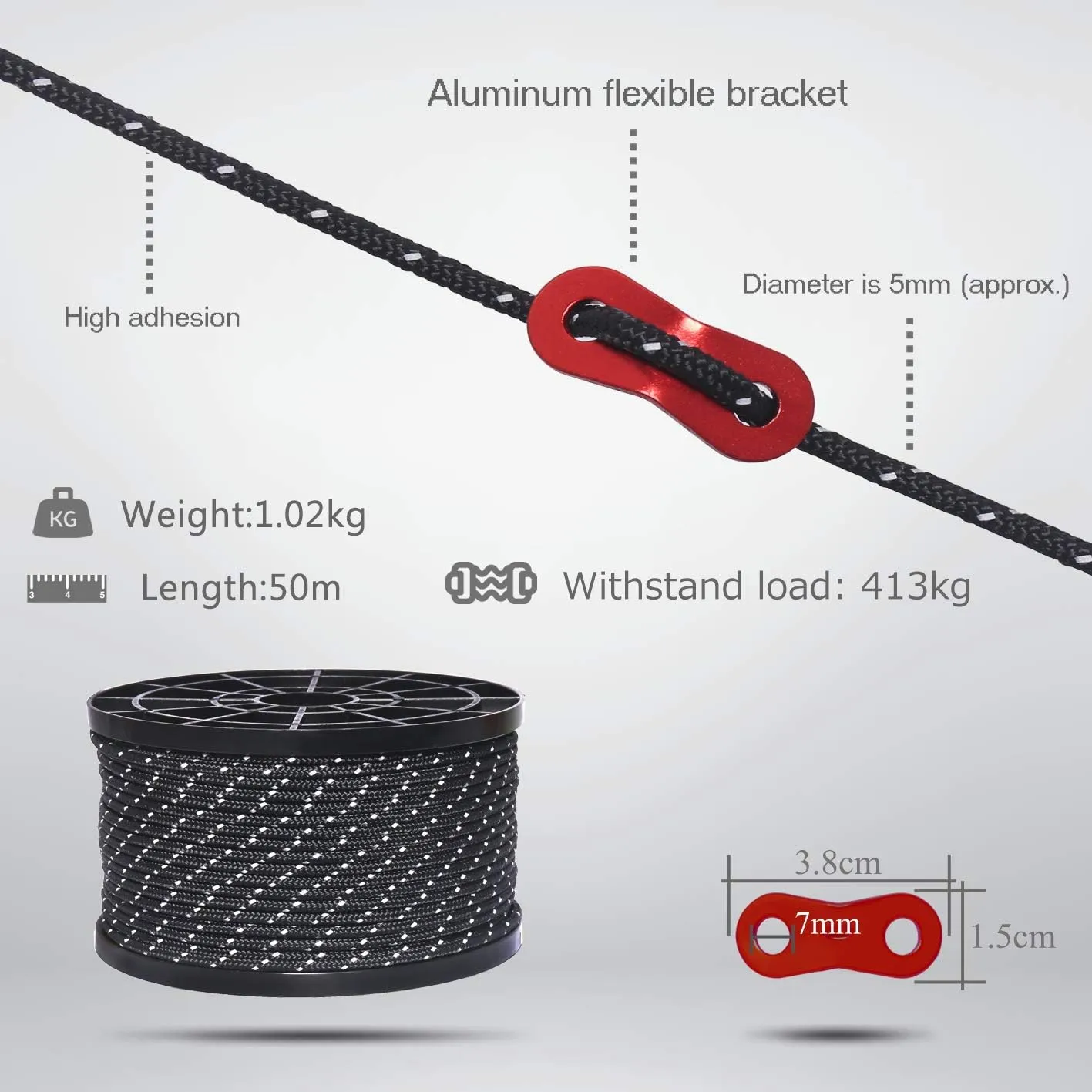 HIKEMAN 50m Reflective Guyline Solid Braid Nylon Camping Rope with Aluminum Adjuster Cord Tensioner Tent Accessory for Outdoor Travel,Hiking,Backpacking and Water Activities (Black, 5mm)
