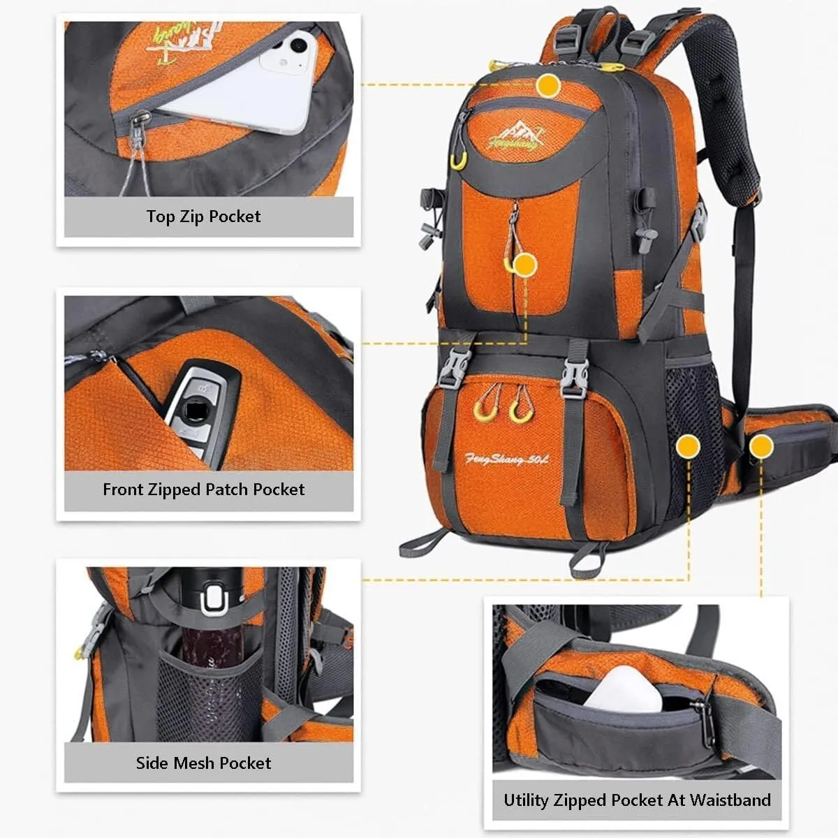 Hiking Backpack 50L Climbing Camping Backpack Large Rucksack for Trekking Travel Outdoor Sport(Orange)