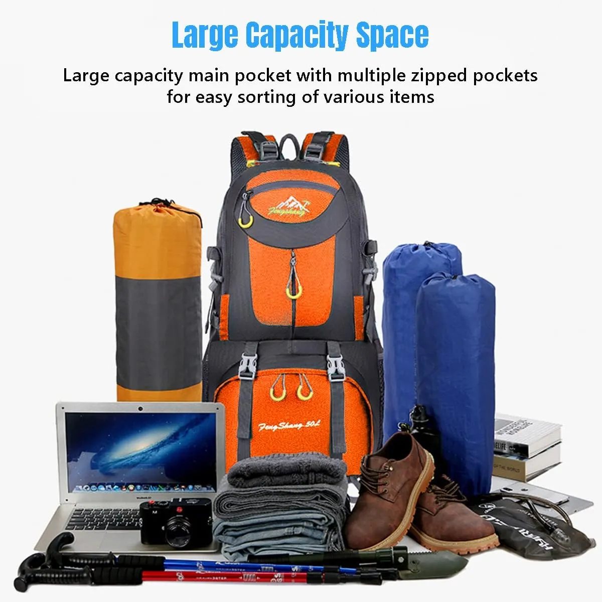 Hiking Backpack 50L Climbing Camping Backpack Large Rucksack for Trekking Travel Outdoor Sport(Orange)