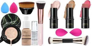 Hilareco PHOERA Foundation,Mushroom Head Air Cushion CC Cream Natural Foundation,3 Pcs Cream Contour Stick Makeup Kit, Shades with Highlighter Stick, Blush Stick and Bronzer Contour Stick