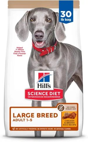 Hill's Science Diet Large Breed, Adult 1-5, Large Breed Premium Nutrition, Dry Dog Food, No Corn, Wheat, Soy Chicken & Brown Rice, 30 lb Bag