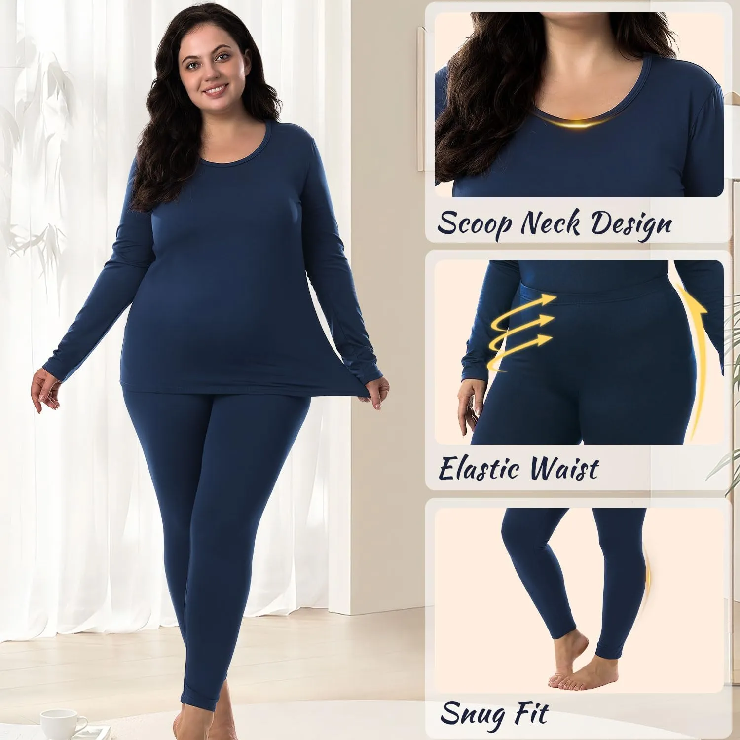 HOdo Plus Size Thermal Underwear Women Long Johns Fleece Lined Base Layer Top and Bottom Sets 1X-5X