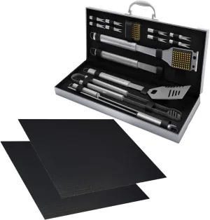 Home-Complete 18-piece BBQ Grill Set, 16-pc Stainless Steel Barbecue Tools Kit with Aluminum Case and 2-pack BBQ Grill Mats