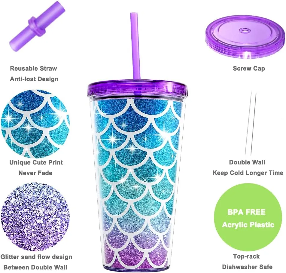 Home Tune Cute Glitter Tumbler Cups with Lid and Straw, Double Wall Insulated Acrylic Cup, 22 oz / 650ml (Mermaid)