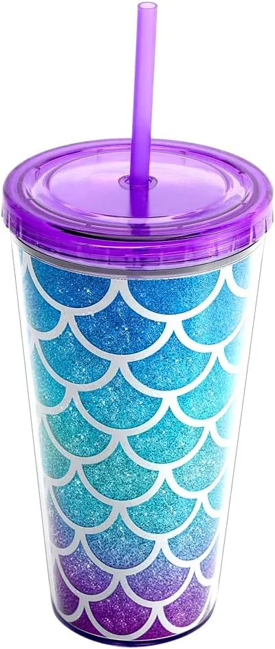 Home Tune Cute Glitter Tumbler Cups with Lid and Straw, Double Wall Insulated Acrylic Cup, 22 oz / 650ml (Mermaid)
