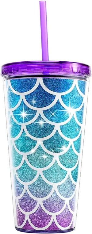 Home Tune Cute Glitter Tumbler Cups with Lid and Straw, Double Wall Insulated Acrylic Cup, 22 oz / 650ml (Mermaid)