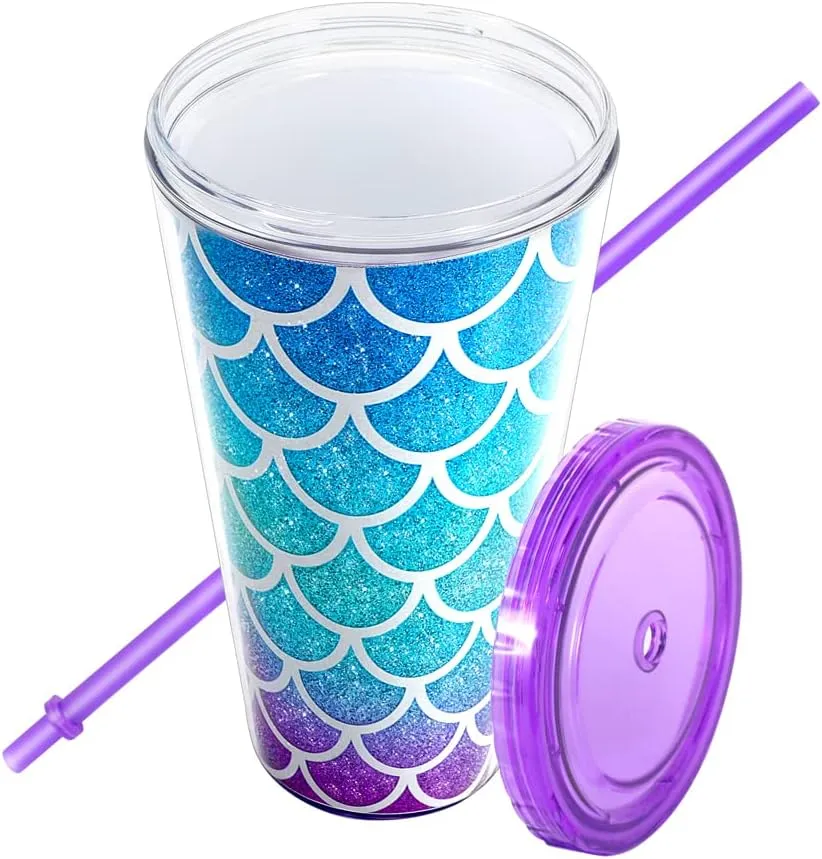 Home Tune Cute Glitter Tumbler Cups with Lid and Straw, Double Wall Insulated Acrylic Cup, 22 oz / 650ml (Mermaid)