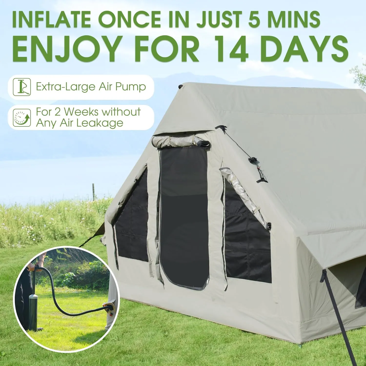 HOMEFUN 4 Person Inflatable Tent with Air Pump, All-Weather Blow Up Tent with Privacy Divider, Easy Setup & Privacy Divider for Camping