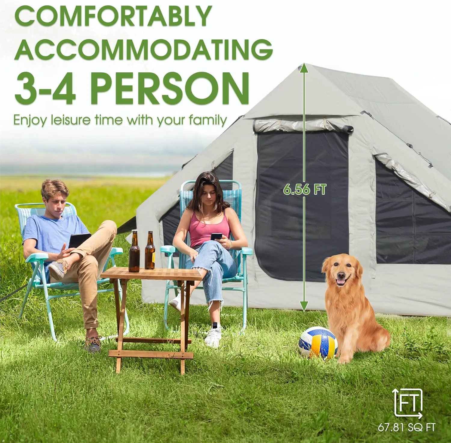 HOMEFUN 4 Person Inflatable Tent with Air Pump, All-Weather Blow Up Tent with Privacy Divider, Easy Setup & Privacy Divider for Camping
