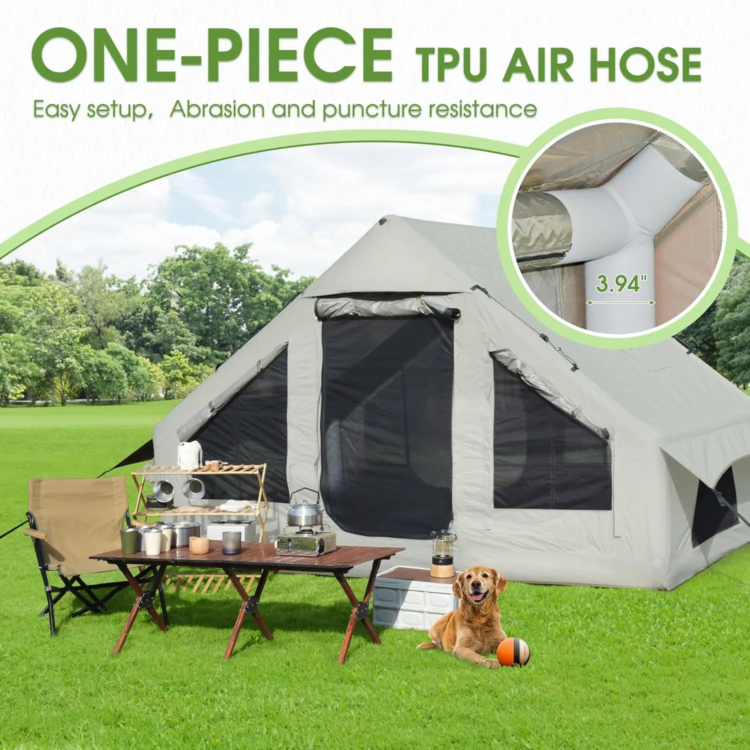 HOMEFUN 4 Person Inflatable Tent with Air Pump, All-Weather Blow Up Tent with Privacy Divider, Easy Setup & Privacy Divider for Camping