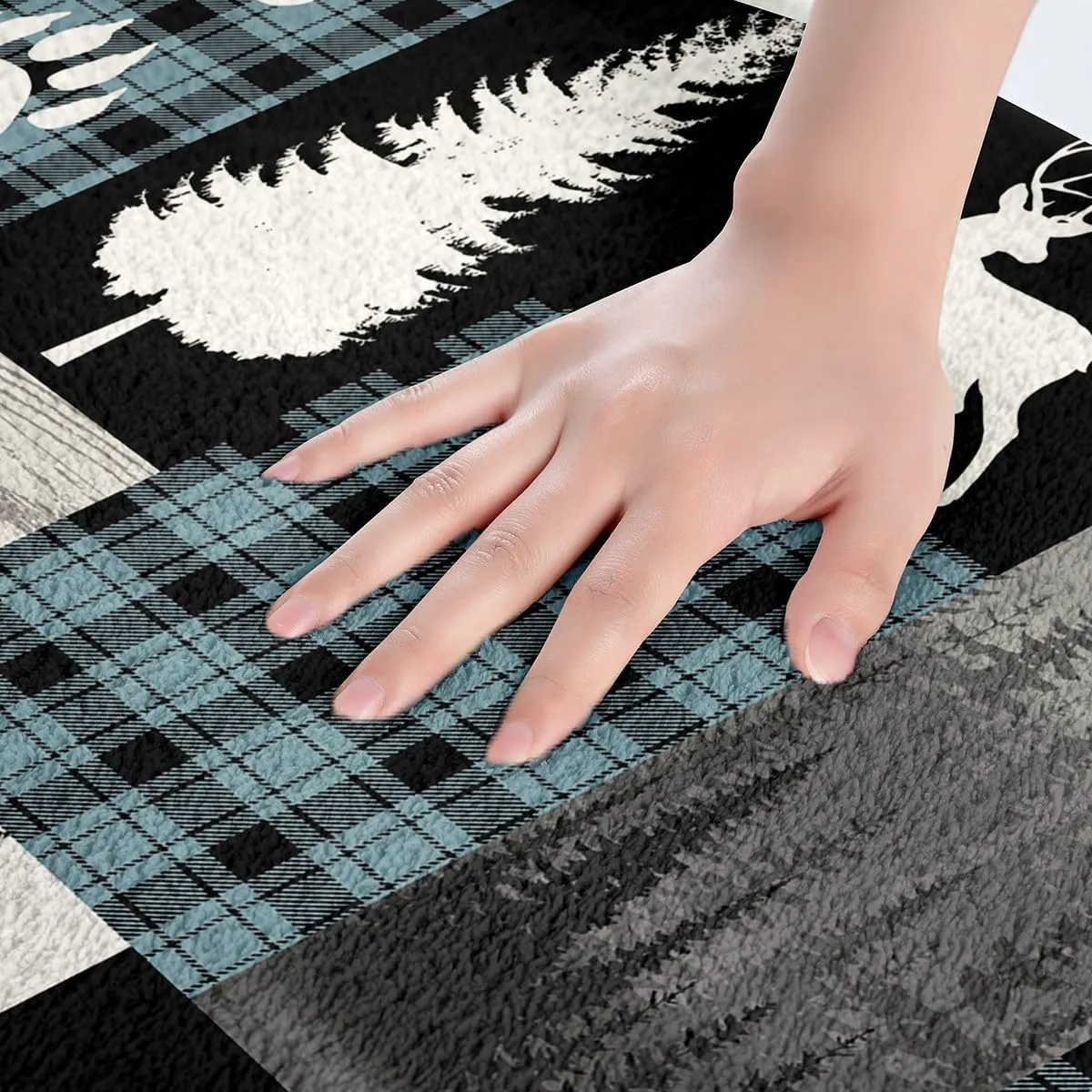 Hunting Deer Bear Bath Rugs,Woodland Animal Rustic Cabin Bathroom Rugs for Boys Girls Kids,Teal Buffalo Plaid Patchwork Bath Mat RV Camping Decor,Jungle Pine Tree Footprint Door Mat 16"x24"