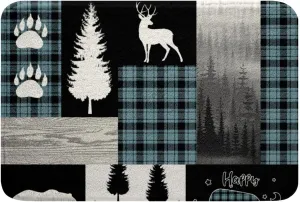 Hunting Deer Bear Bath Rugs,Woodland Animal Rustic Cabin Bathroom Rugs for Boys Girls Kids,Teal Buffalo Plaid Patchwork Bath Mat RV Camping Decor,Jungle Pine Tree Footprint Door Mat 16"x24"