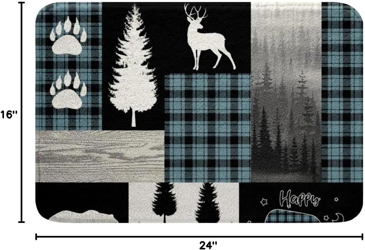 Hunting Deer Bear Bath Rugs,Woodland Animal Rustic Cabin Bathroom Rugs for Boys Girls Kids,Teal Buffalo Plaid Patchwork Bath Mat RV Camping Decor,Jungle Pine Tree Footprint Door Mat 16"x24"