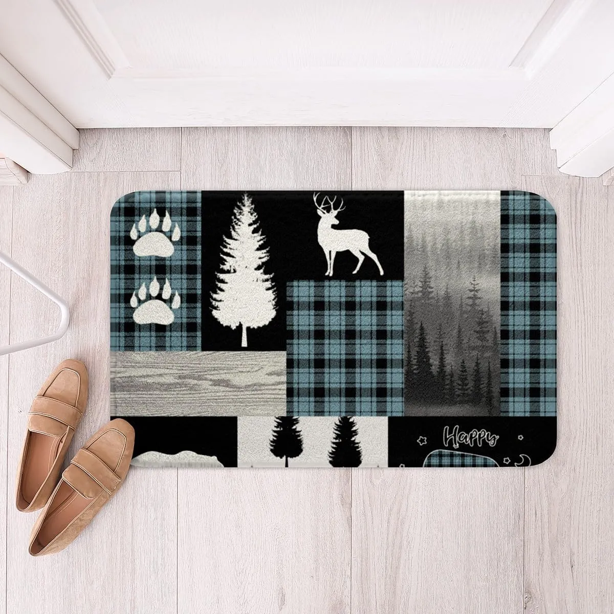 Hunting Deer Bear Bath Rugs,Woodland Animal Rustic Cabin Bathroom Rugs for Boys Girls Kids,Teal Buffalo Plaid Patchwork Bath Mat RV Camping Decor,Jungle Pine Tree Footprint Door Mat 16"x24"
